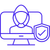 An icon depicting a shield over a computer and person