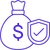 An icon depicting a check mark in a shield over a bag of money