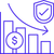 An icon depicting a shield over a downward trending bar graph