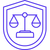 An icon depicting balance scales inside a shield