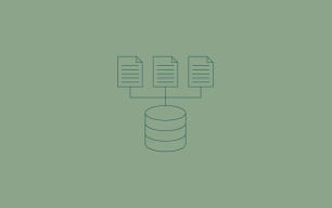 An icon depicting three documents connected to a cylinder in a flow chart
