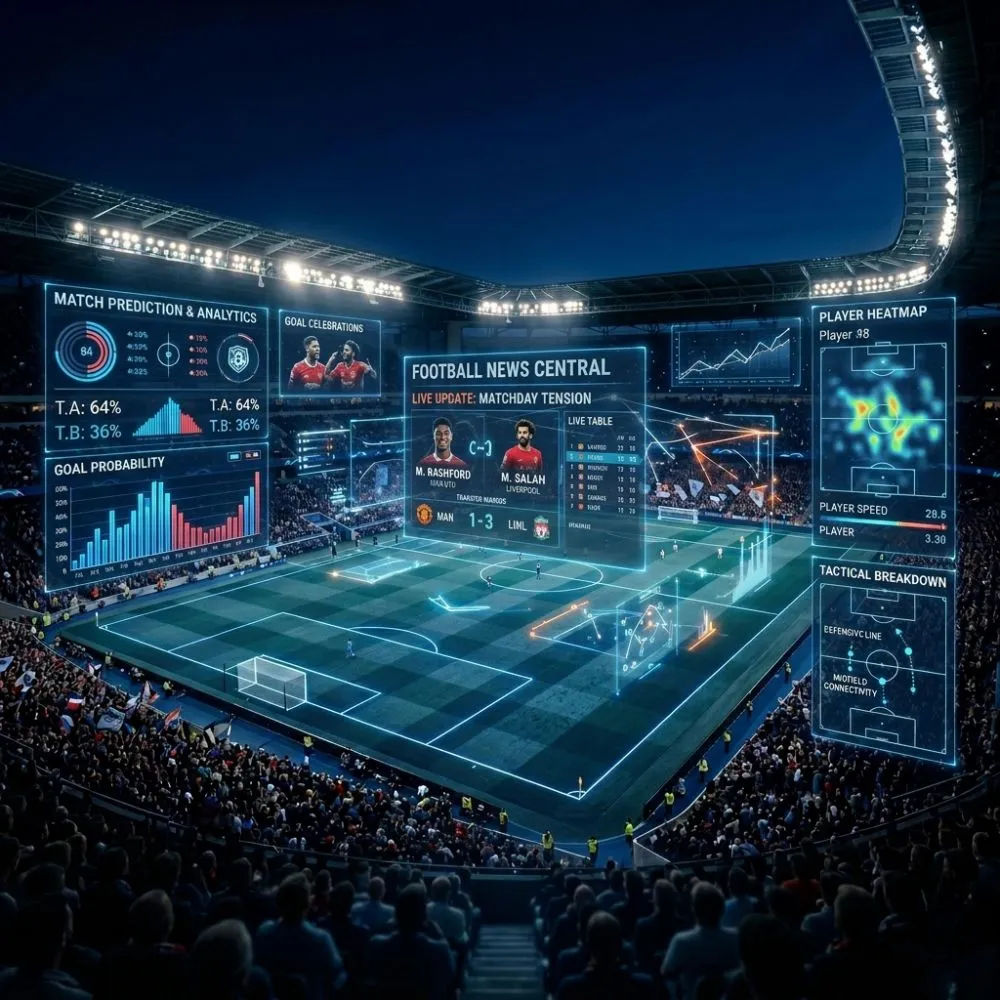 Ilustrasi berita bola ringan dengan latar stadion dan elemen digital