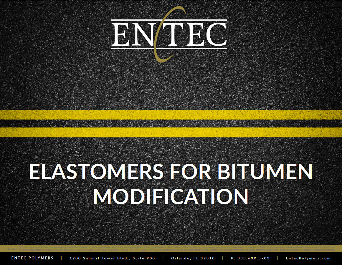 Are you looking for elastomers other than SBS to modify your bitumen compounds? Let Entec Polymers help you select alternate elastomers and modifiers for use in your bitumen formulations for roofing shingles, flexible roofing membranes, or bitumen pavement compounds.