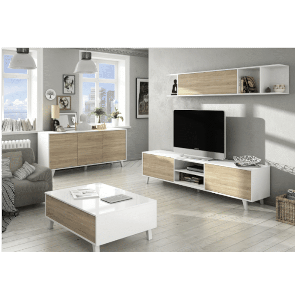 Mueble tv de estilo nórdico. Blanco combinado con madera natural