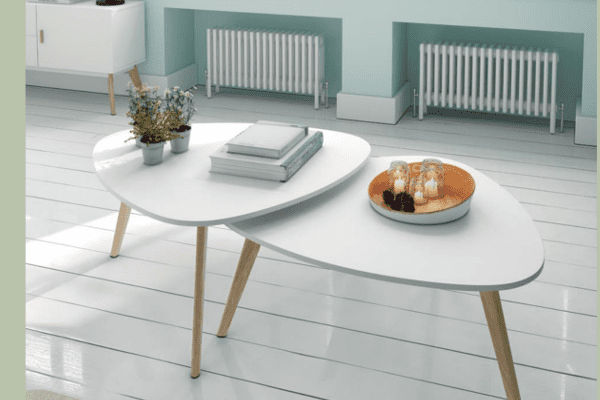 Juego de mesas nido mueble kit Dugar, aabado en blanco y natural.