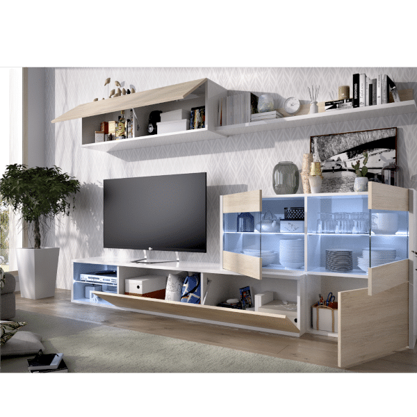 Conjunto mueble de salón Uma (Blanco Brillo/Natural, 3 pzs.)