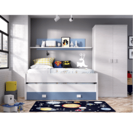 Dormitorio individual: cama nido compacta, armario, escritorio, 3 estantes  - Rimini 05 - Don Baraton: tienda de sofás, colchones y muebles