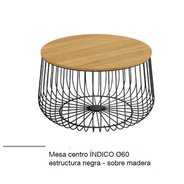 Mesa centro Indico negra con tapa acabado madera, redonda con estructura metálica.