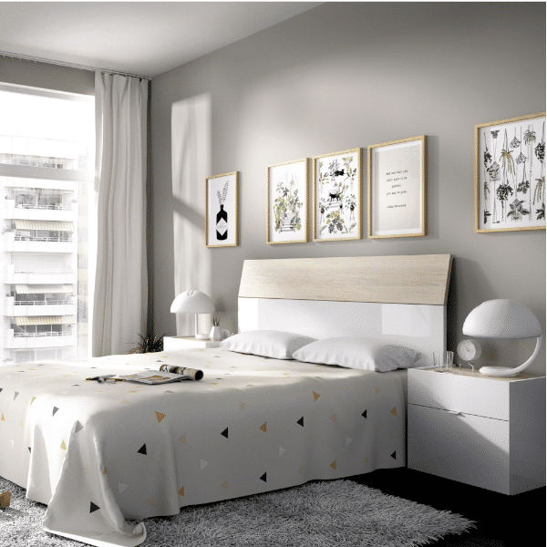 Dormitorio Gia acabado Blanco brillo combinado natural-Cabecero con dos mesitas