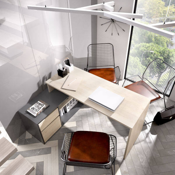 Mesa Escritorio Modelo ROX, Mesa Despacho Reversible, Color Madera Natural  y Blanco Brillo.