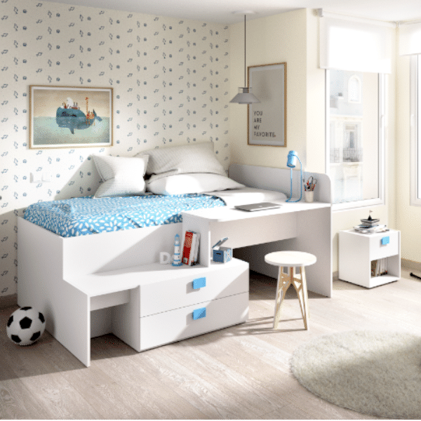 Cama nido juvenil con escritorio Kric Natural - Blanco