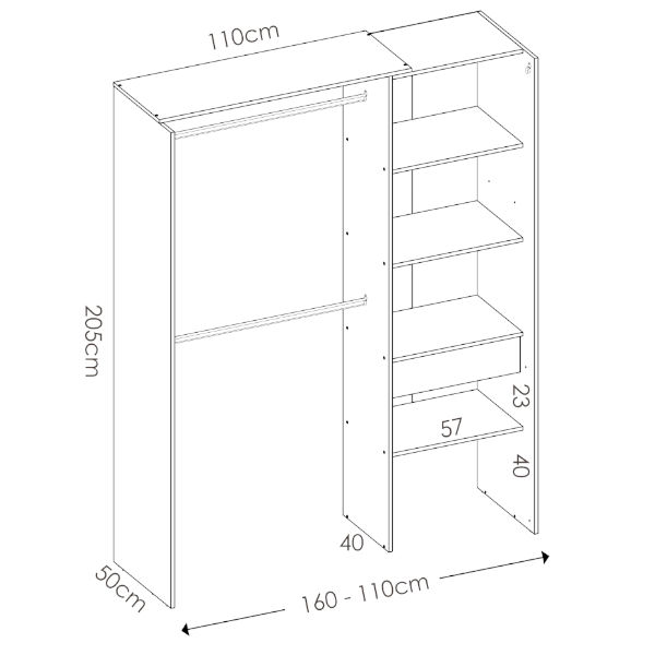 Armario vestidor SUIT color blanco, adaptable de 160 a 110 cm
