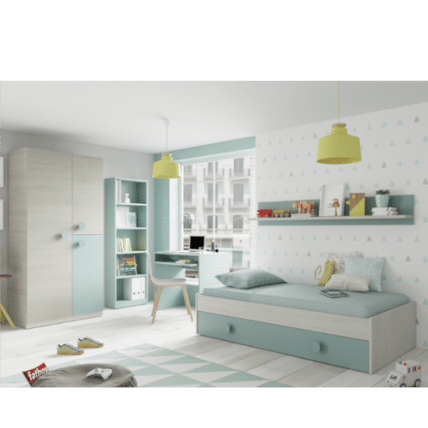 Habitación Juvenil Moderna Cama Nido, Armario y Estantería. Somieres  Incluidos 