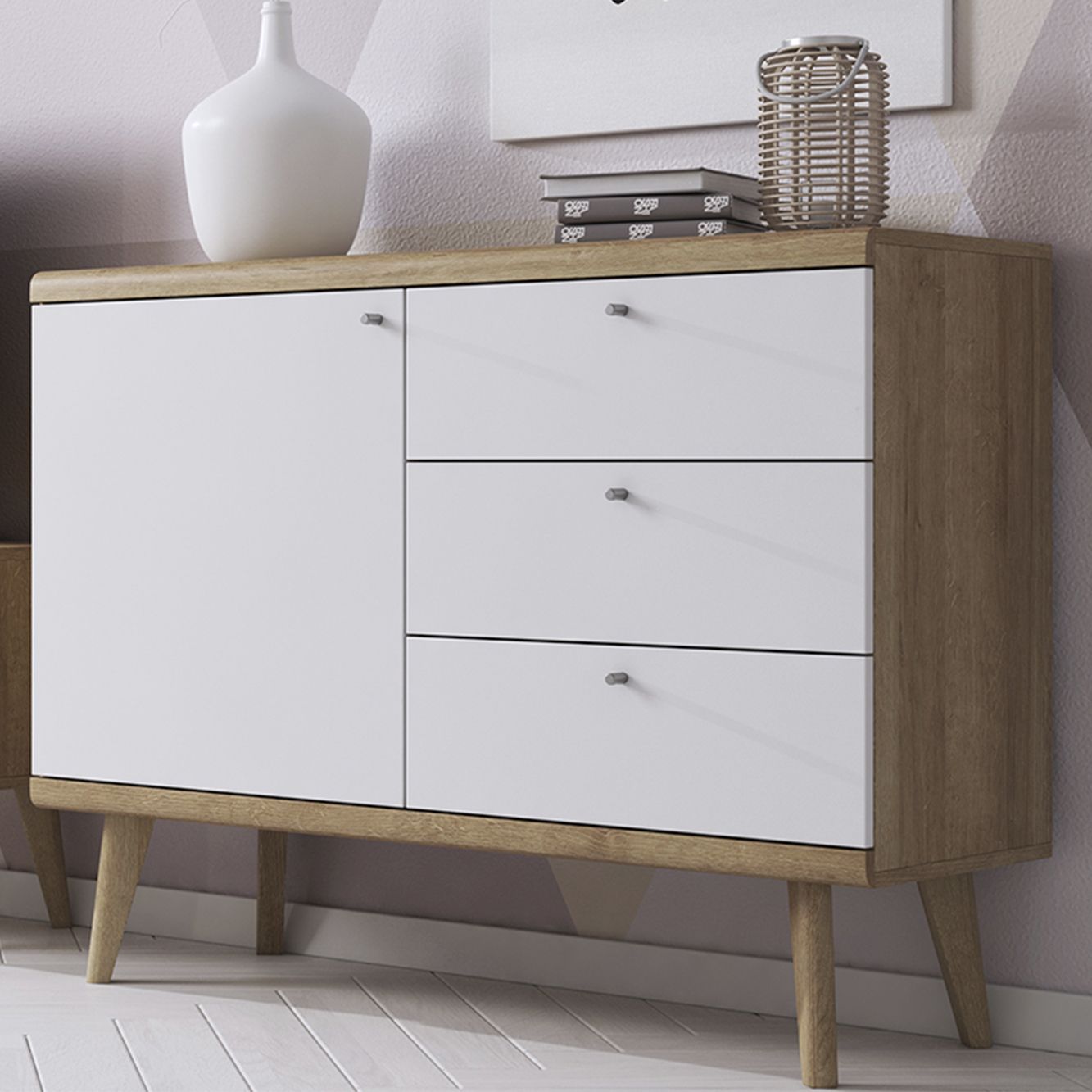 Mueble Auxiliar de cocina bajo en blanco y natural de estilo nórdico.