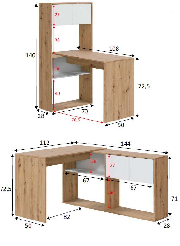 MESA ESCRITORIO/ESTANTERÍA 140X108X70CM ROBLE NODI/BLANCO ARTIK MOMI