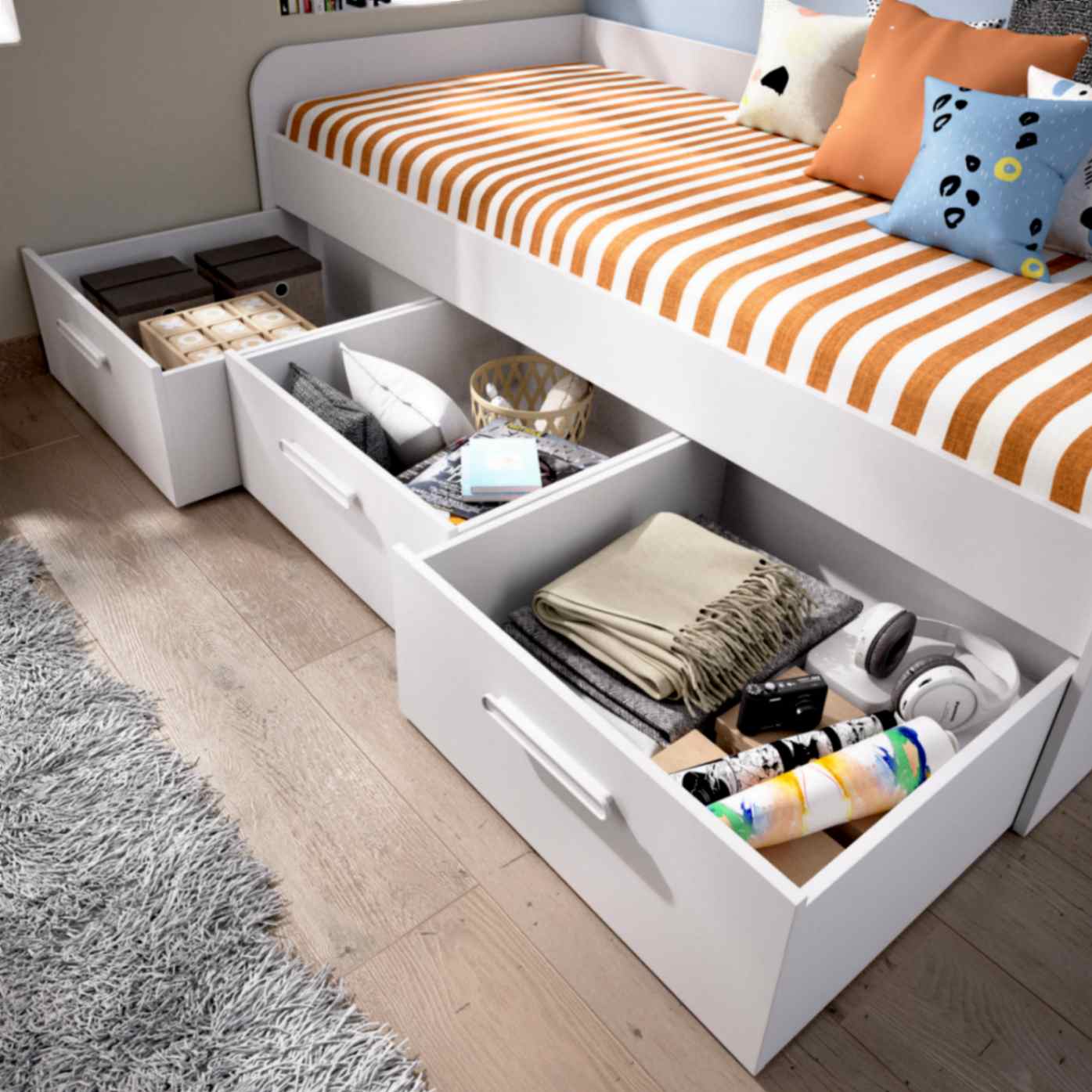 Cama nido con compartimentos - 90 x 190 cm - Blanco y gris + somier +  colchón - LOSIANA 