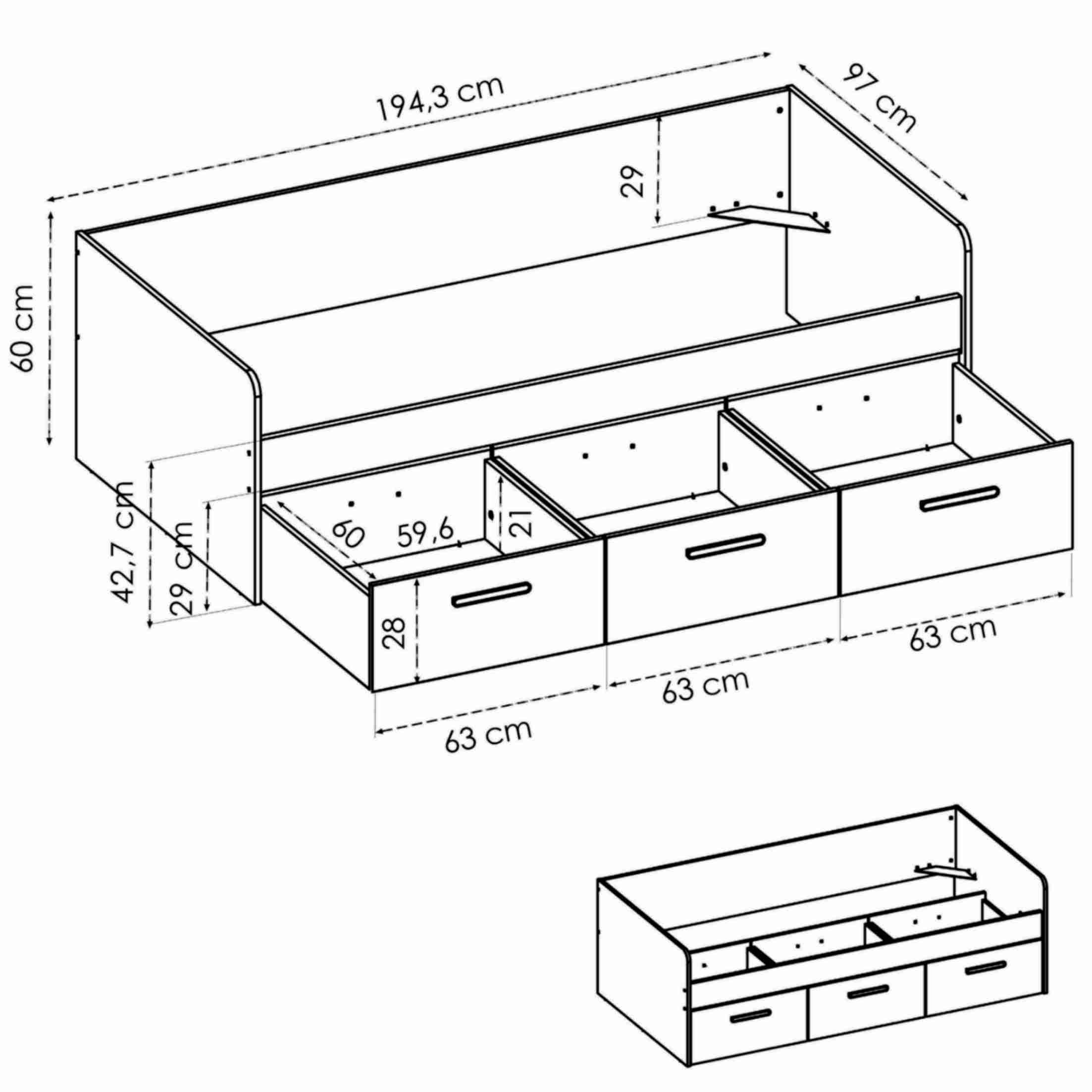 Cama nido 3 cajones 90 x 190 cm MDF y Pino somieres Blanc. TITOUAN