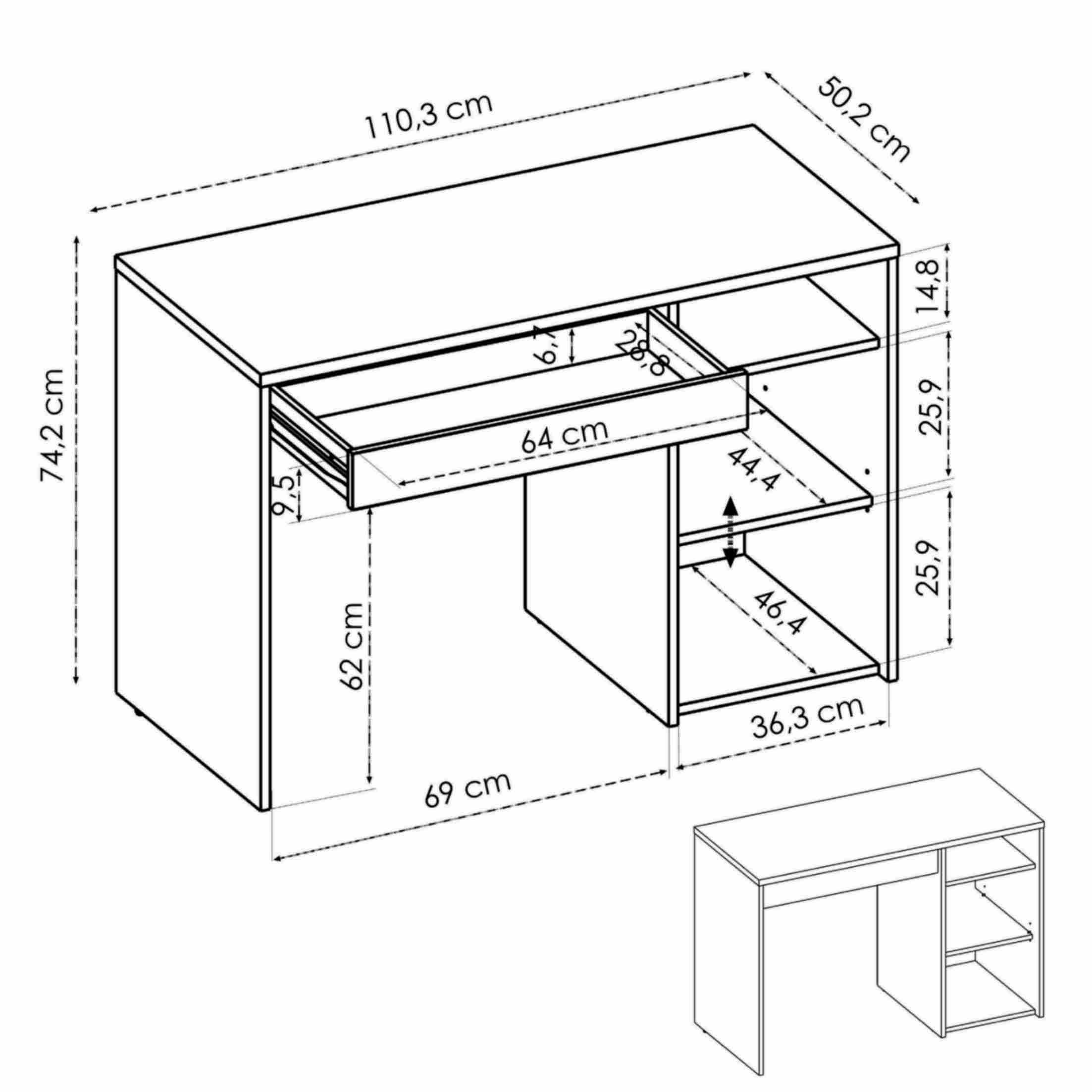 Mesa escritorio Sim 1 cajón y estantes laterales 