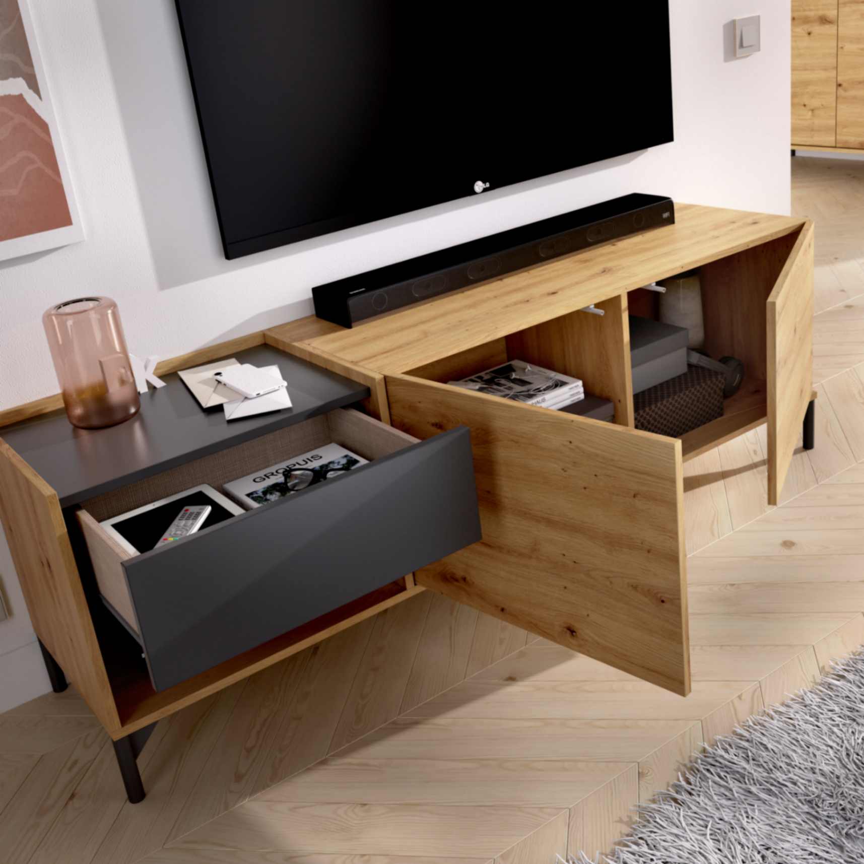 Mueble Bajo Rack Tv 180 Cm En Melamina