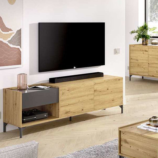 Mueble bajo TV Lund de diseño industrial acabado nordic combinado grafito-DEKIT-Kitmuebles