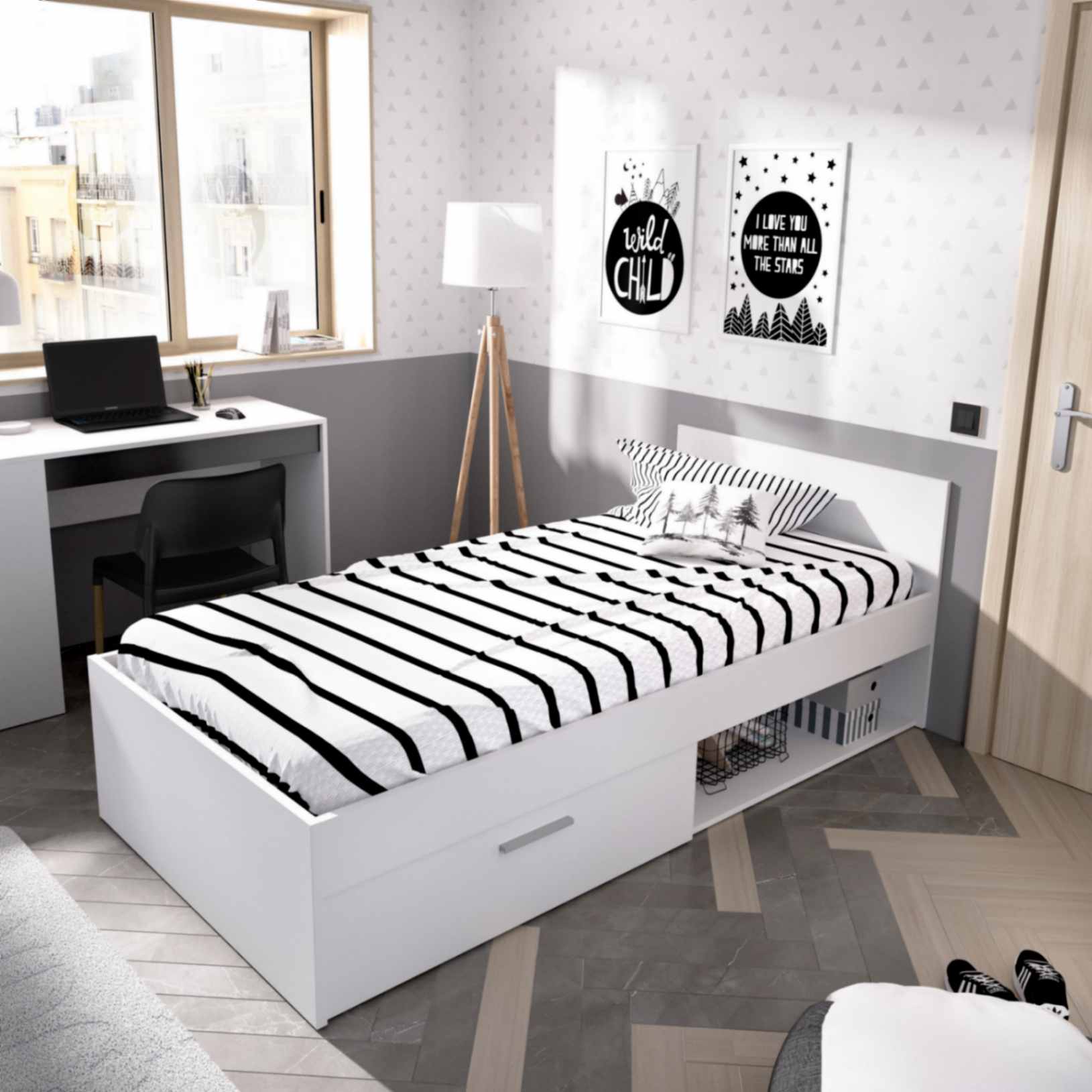 Cama compacta con escritorio Kric acabado blanco-natural 