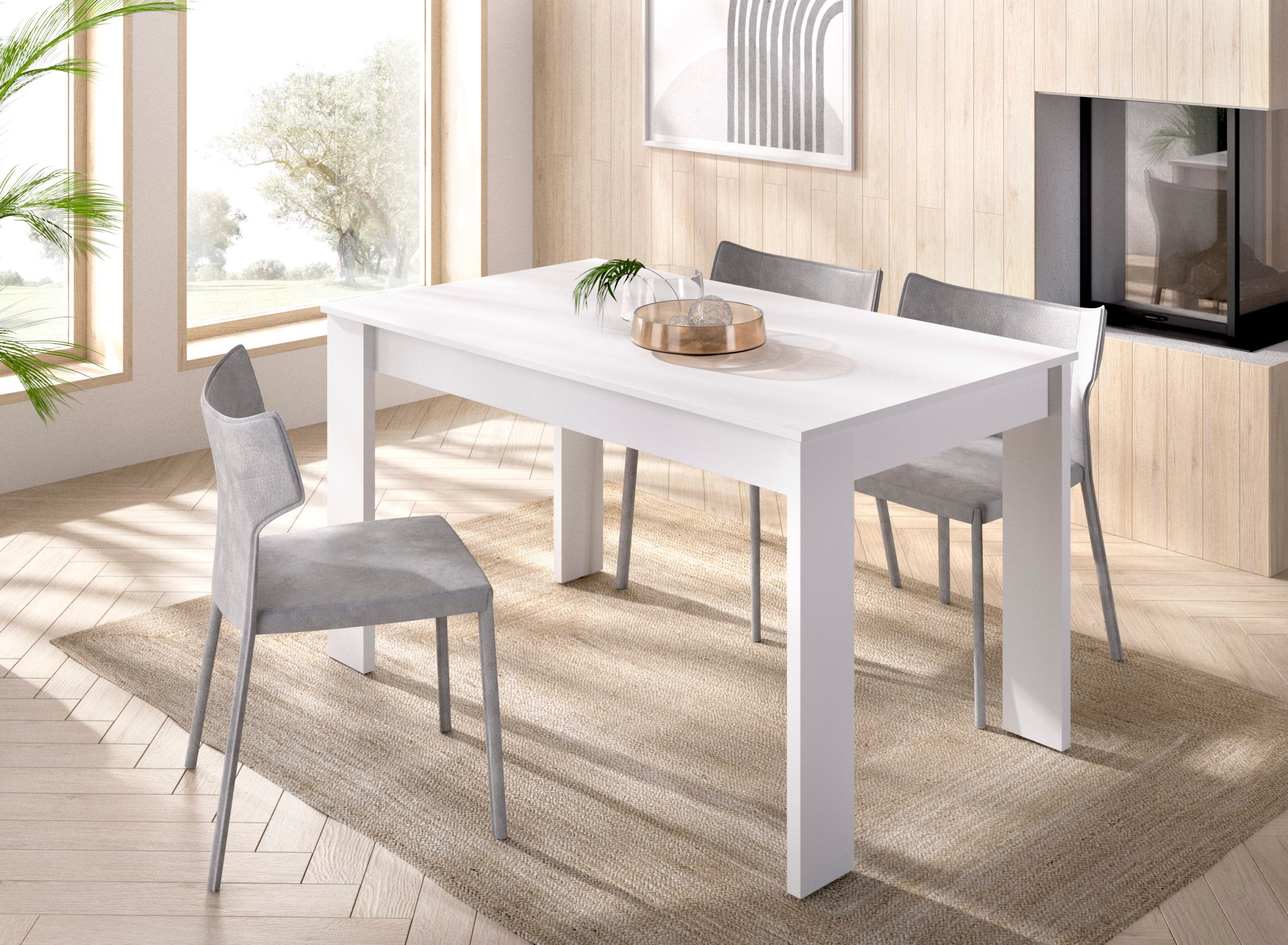 Salón comedor con vitrinas, mesa de comedor y sillas