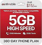 Infimobile Prepaid Plan: 12 Months Verizon | 5GB/Month 2500 Minutes and 2500 Text