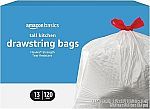 120 Count Amazon Basics Flextra Tall Kitchen Drawstring Trash Bags, 13 Gallon
