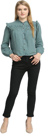 Olive Green Cotton Picoting Frill Top