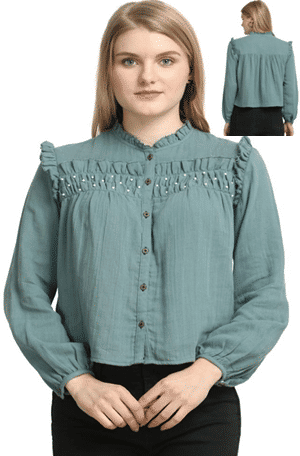 Olive Green Cotton Picoting Frill Top