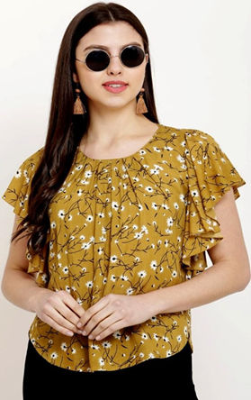 Mehandi Green Flower Printed Reyon Frill Top