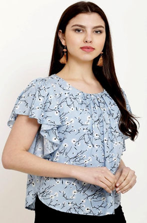 Skyblue Flower Printed Reyon Frill Top