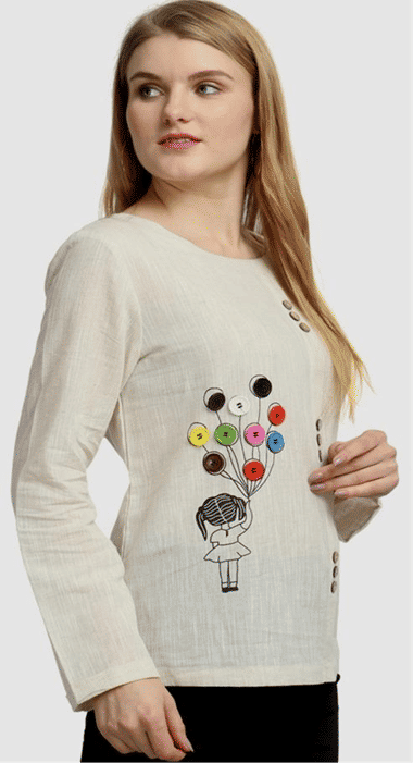 Off White Green Cotton Printed Top