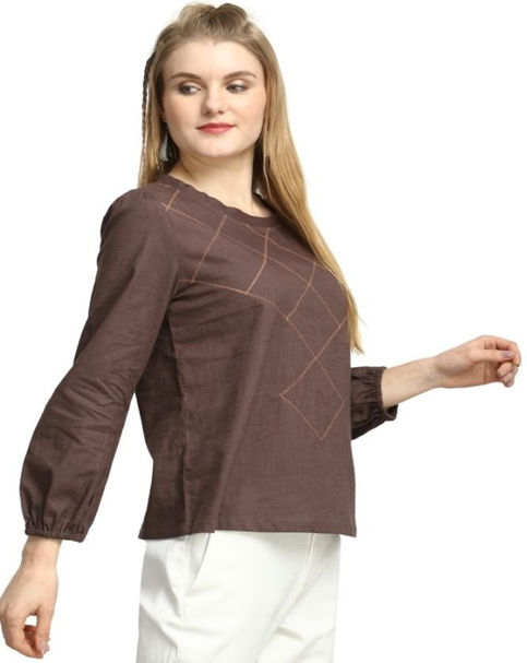 Brown Color Embroidered Cotton Top
