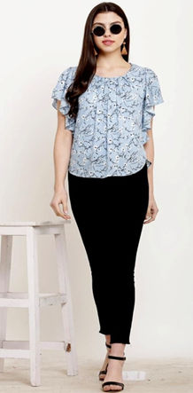 Skyblue Flower Printed Reyon Frill Top