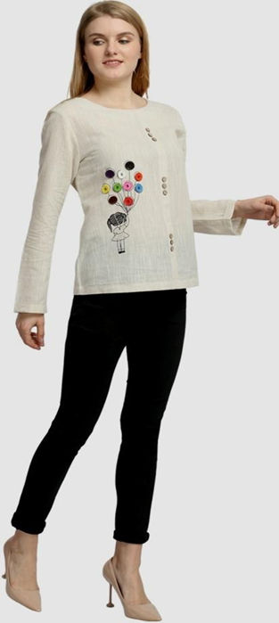 Off White Green Cotton Printed Top