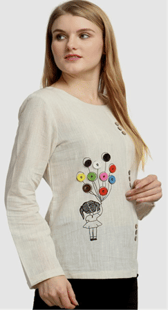 Off White Green Cotton Printed Top