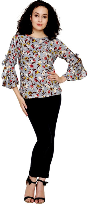 Grey Printed Rayon Frill & Tie Sleeve Top