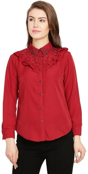 Maroon Pearl Beaded Polycrepe Frill Top