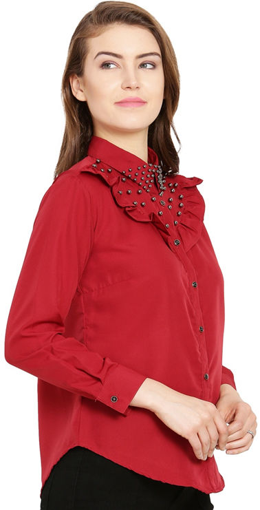 Maroon Pearl Beaded Polycrepe Frill Top