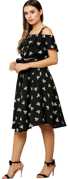 Black Printed American Crepe Dress with Cotton Lining