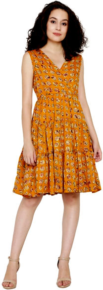 Mustard Printed American Crepe Dress (Cotton Lining Added)