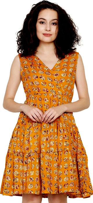 Mustard Printed American Crepe Dress (Cotton Lining Added)
