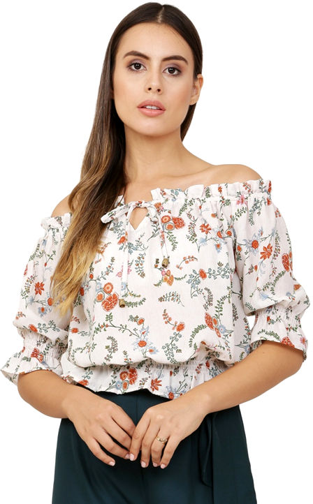 Beige Floral Printed American Crepe Top