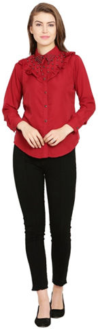 Maroon Pearl Beaded Polycrepe Frill Top