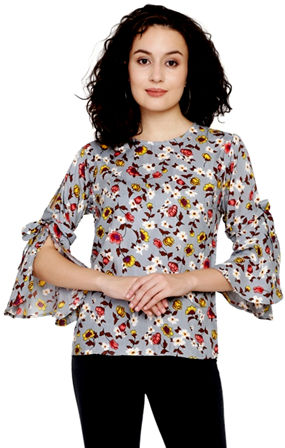 Grey Printed Rayon Frill & Tie Sleeve Top