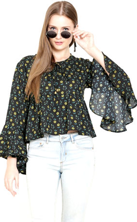 Black Printed Moss Crepe Bell Sleeve Top