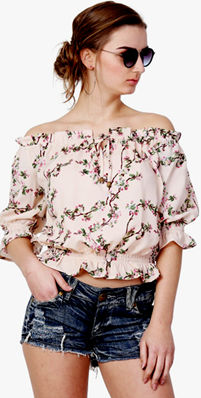 Beige Summercool Printed Off Shoulder Top