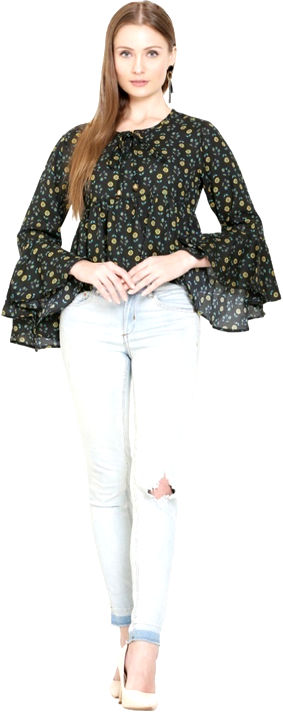 Black Printed Moss Crepe Bell Sleeve Top