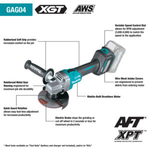 Makita 40V max XGT® Brushless Cordless 4‑1/2” / 5" Angle Grinder, with Electric Brake, AWS® Capable, Tool Only